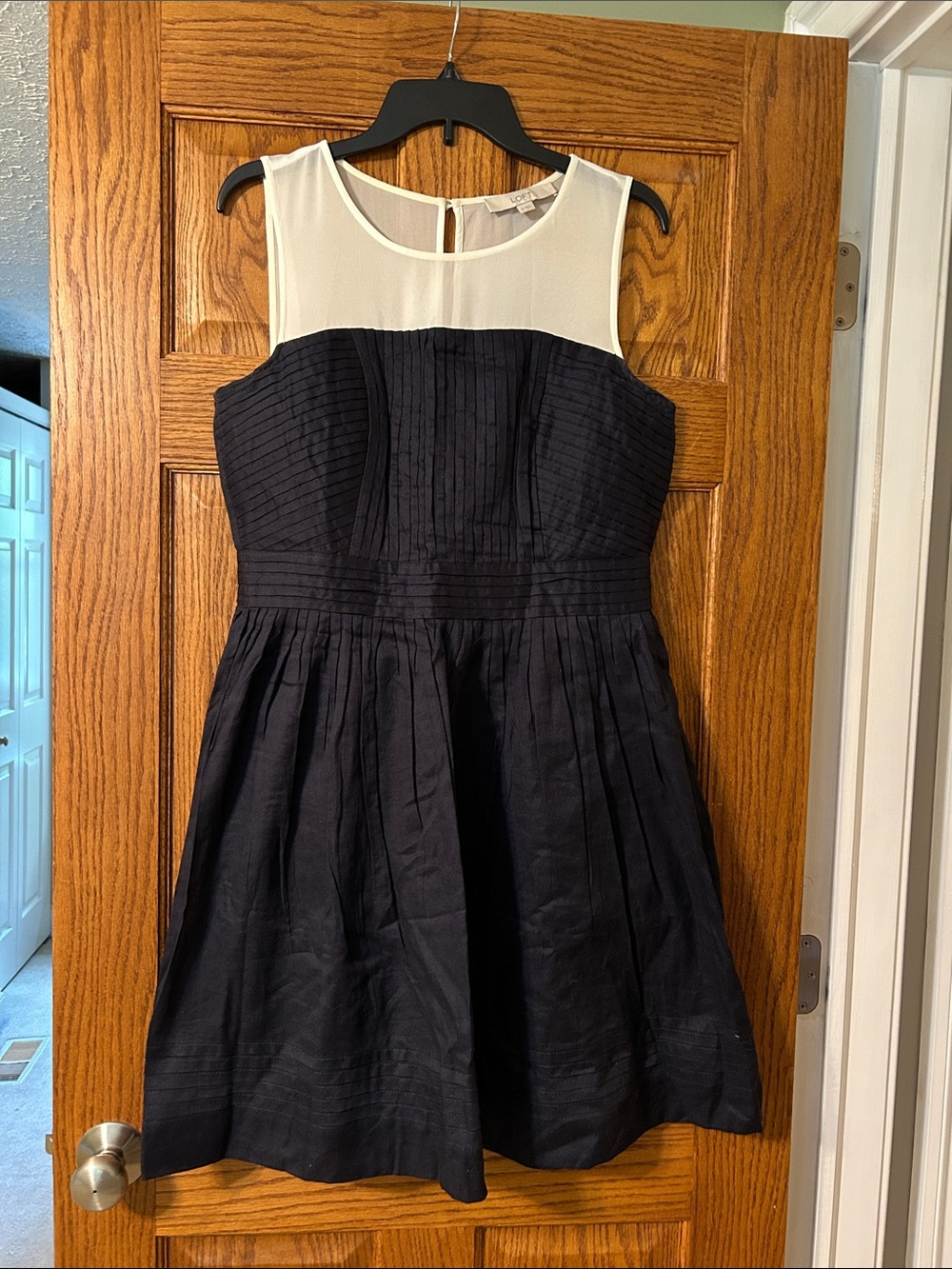 LOFT Navy and Ivory Sleeveless Fit-and-Flare Dress